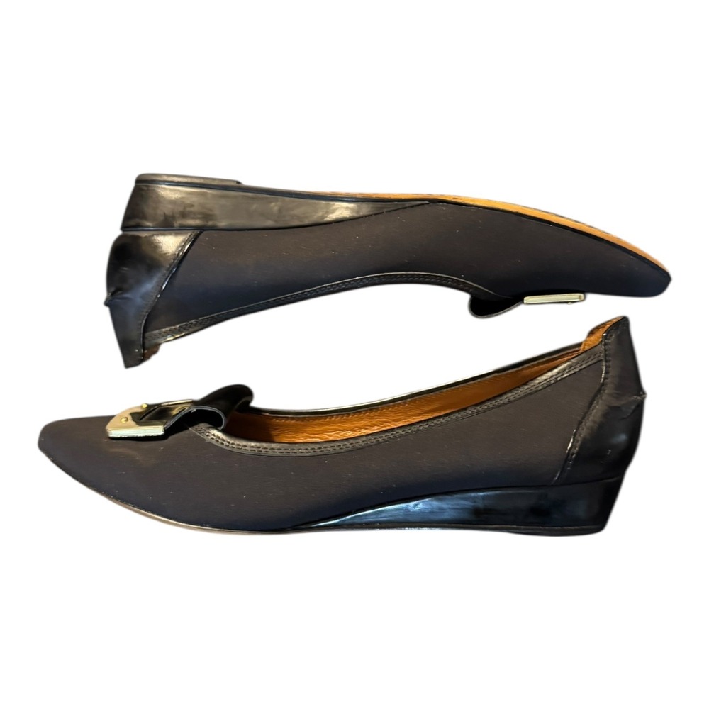 Donald‎ J Pliner Womens Nila Mini Wedge Flat 6.5 Black Suede Patent Gold Buckle - Picture 5 of 12